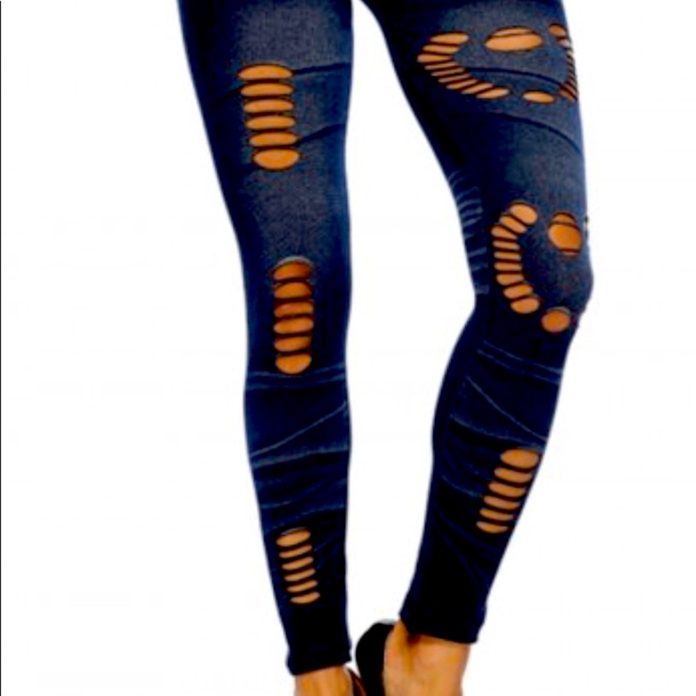 Seamless Distressed  Denim Look Leggings